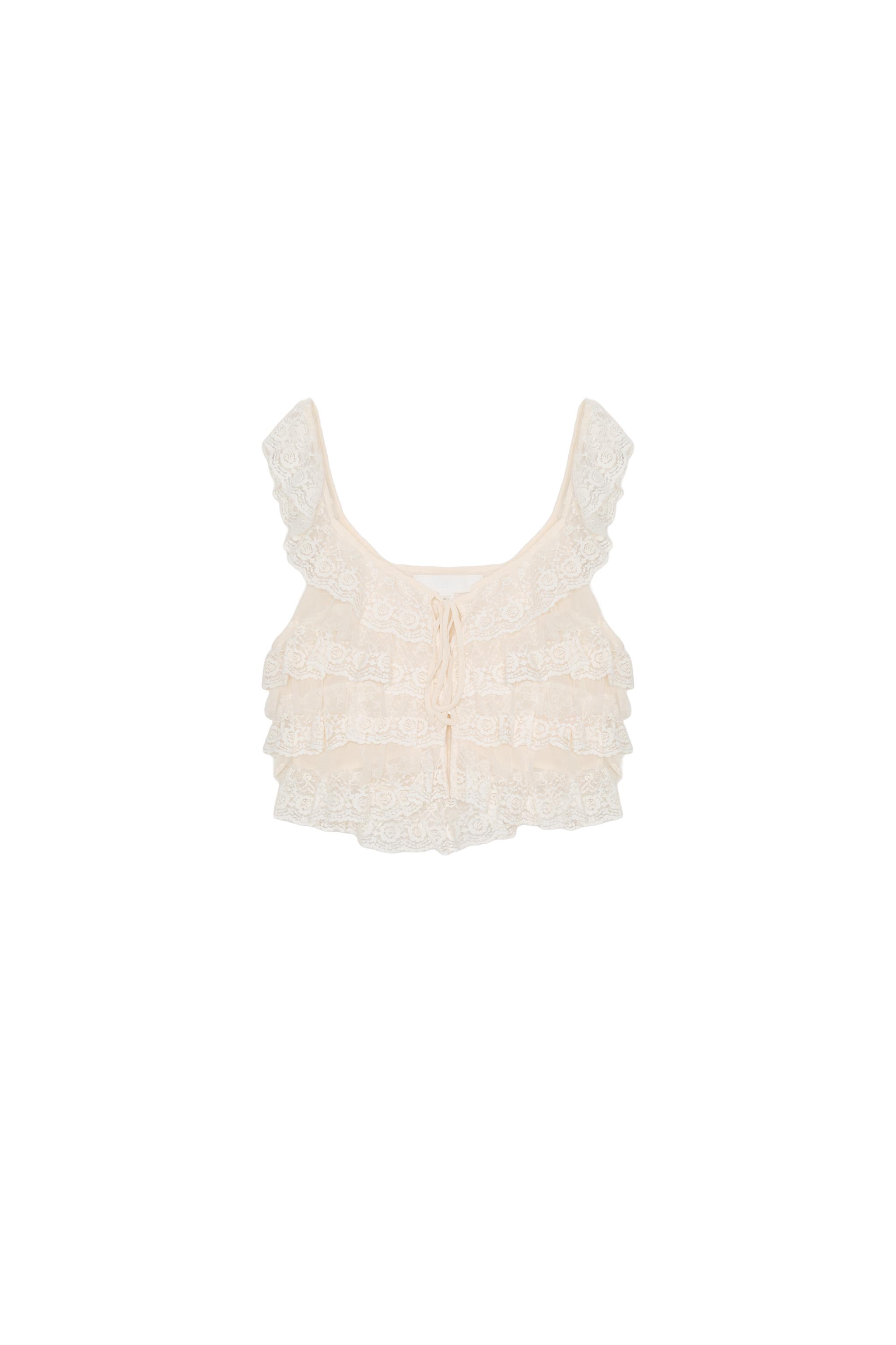 ZARA フリルレーストップス　XS シャイニーフリルレーストップス - エクリュ | ZARA Japan / 日本