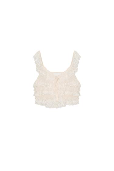 Zara RUFFLED LACE TOP - Ecru
