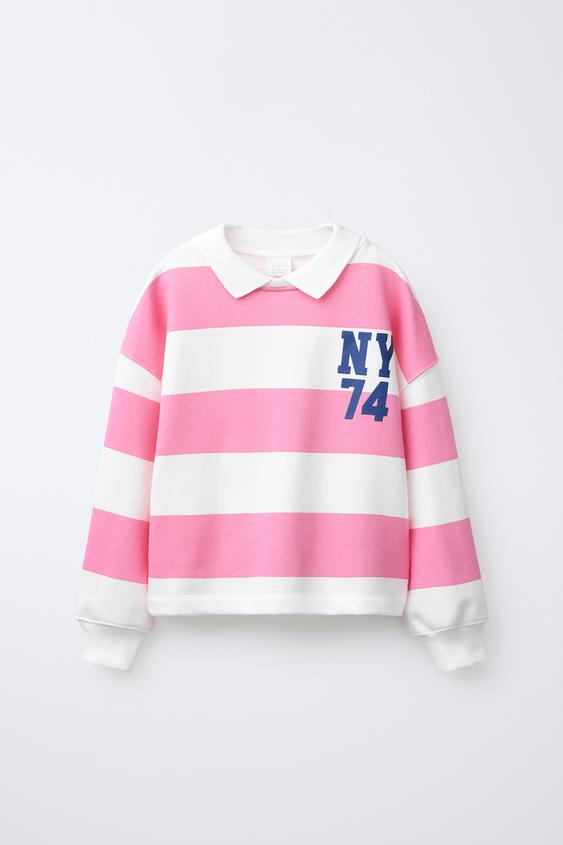STRIPED POLO COLLAR SWEATSHIRT Pink ZARA Canada
