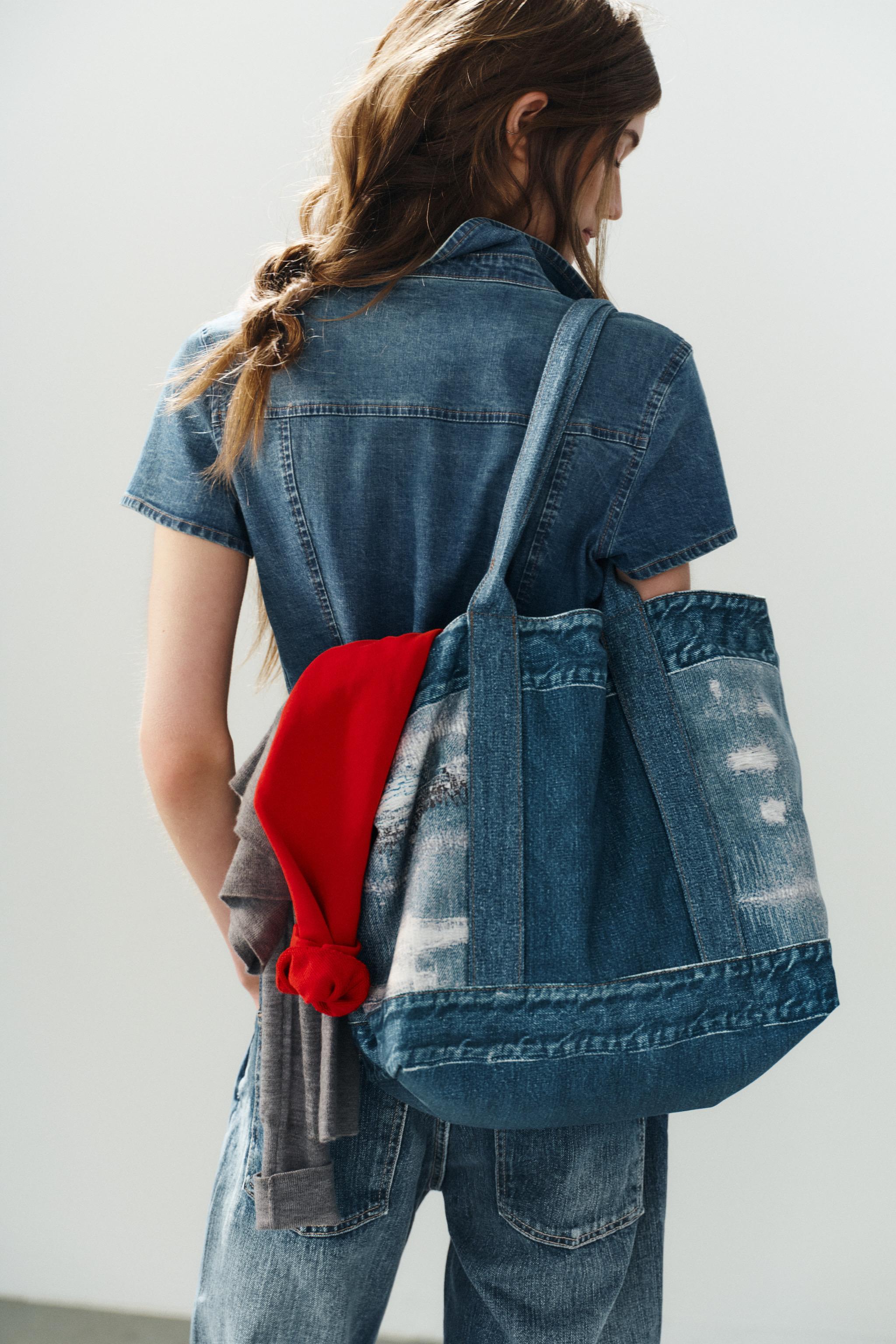DENIM EFFECT SHOPPER BAG — Denim Blue