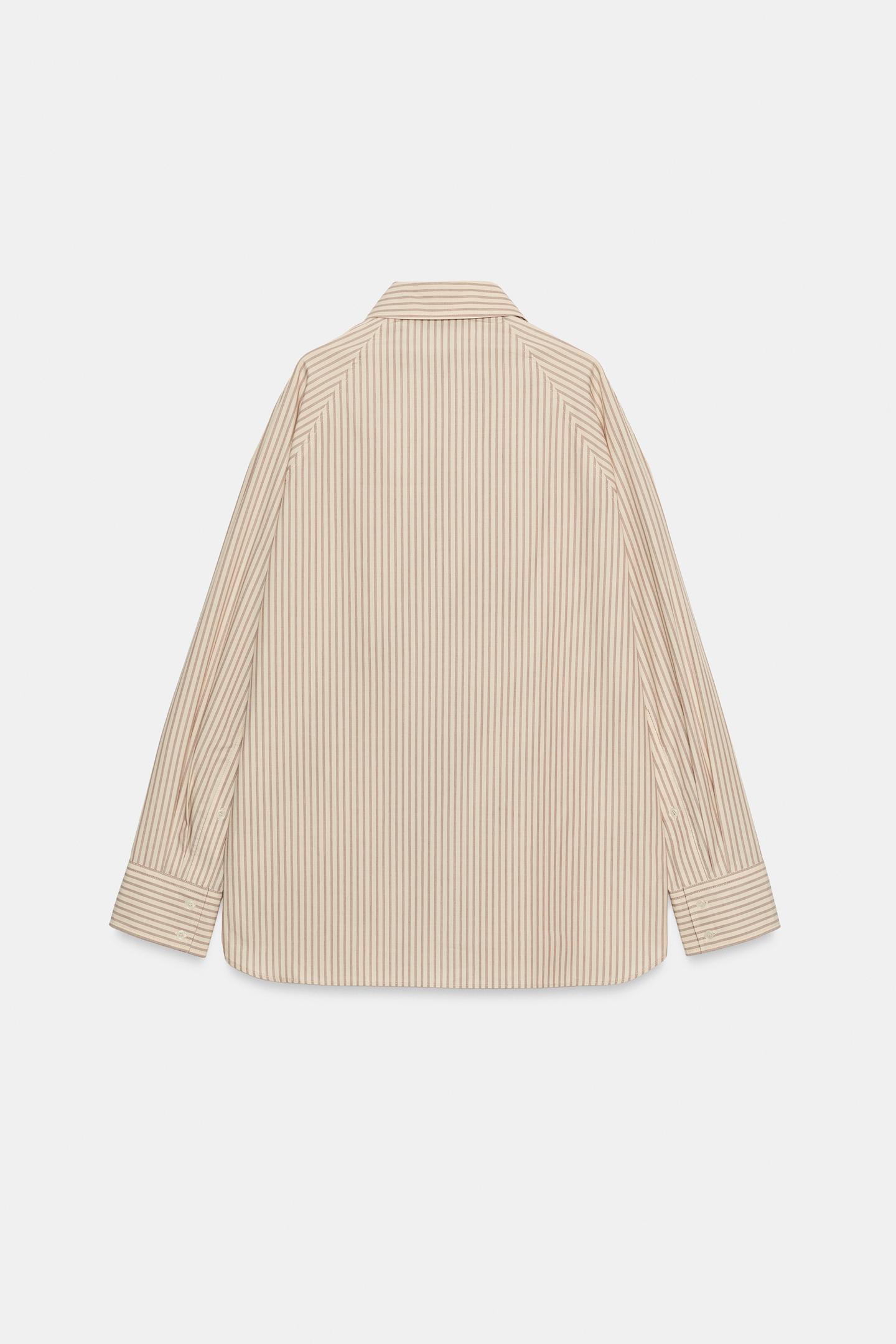 Женская рубашка Zara Oversized Striped Poplin, цвет: Бежевый — фото 7