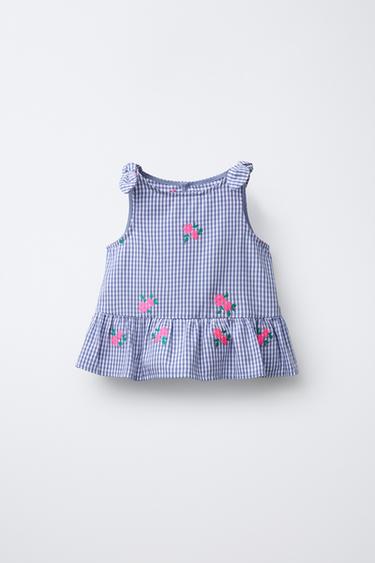 Zara GINGHAM PLAID TOP WITH EMBROIDERED FLOWERS - Blue - Image 0
