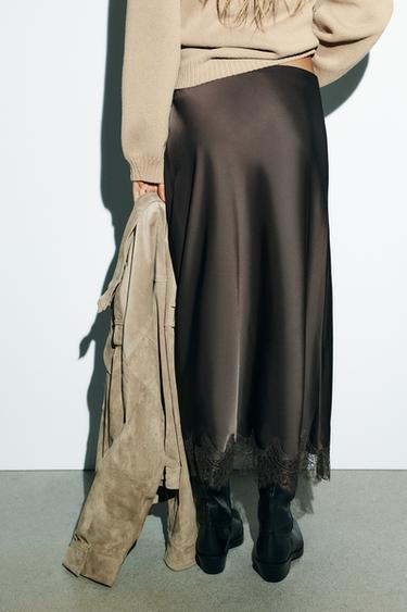 LACE SATIN MIDI SKIRT - Chocolate brown by Zara - Image 4