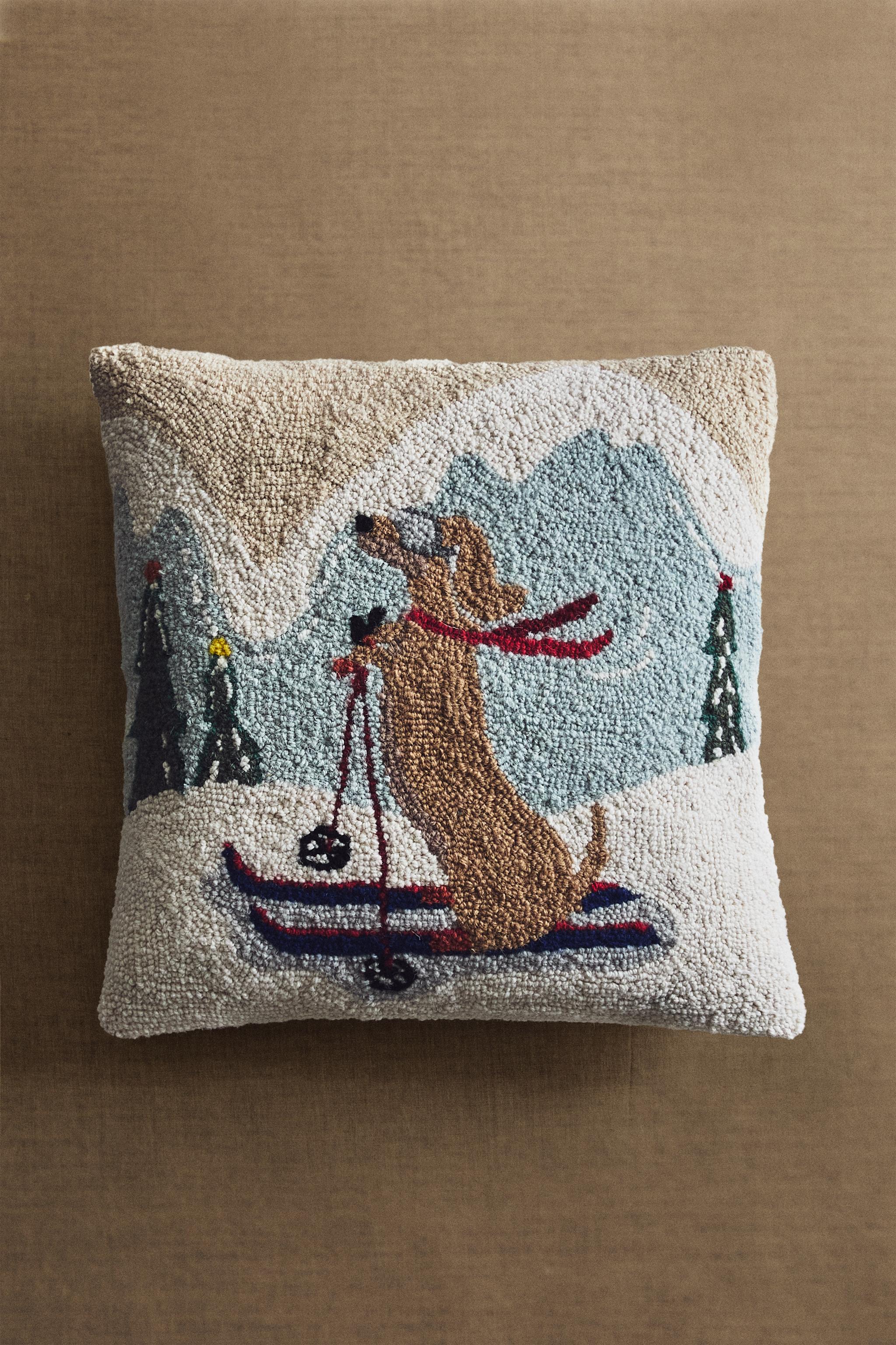CHRISTMAS SKI DOG WOOL THROW PILLOW COVER