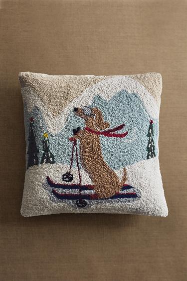 WOOL BLEND CHRISTMAS CUSHION COVER WITH SKIING DOG - Ecru by Zara - Image 4