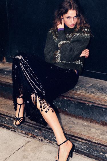 ZW COLLECTION LONG SEQUIN SKIRT - Black by Zara