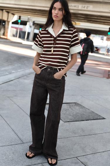 CONTRAST STRIPED POLO TOP - Ecru / Brown by Zara