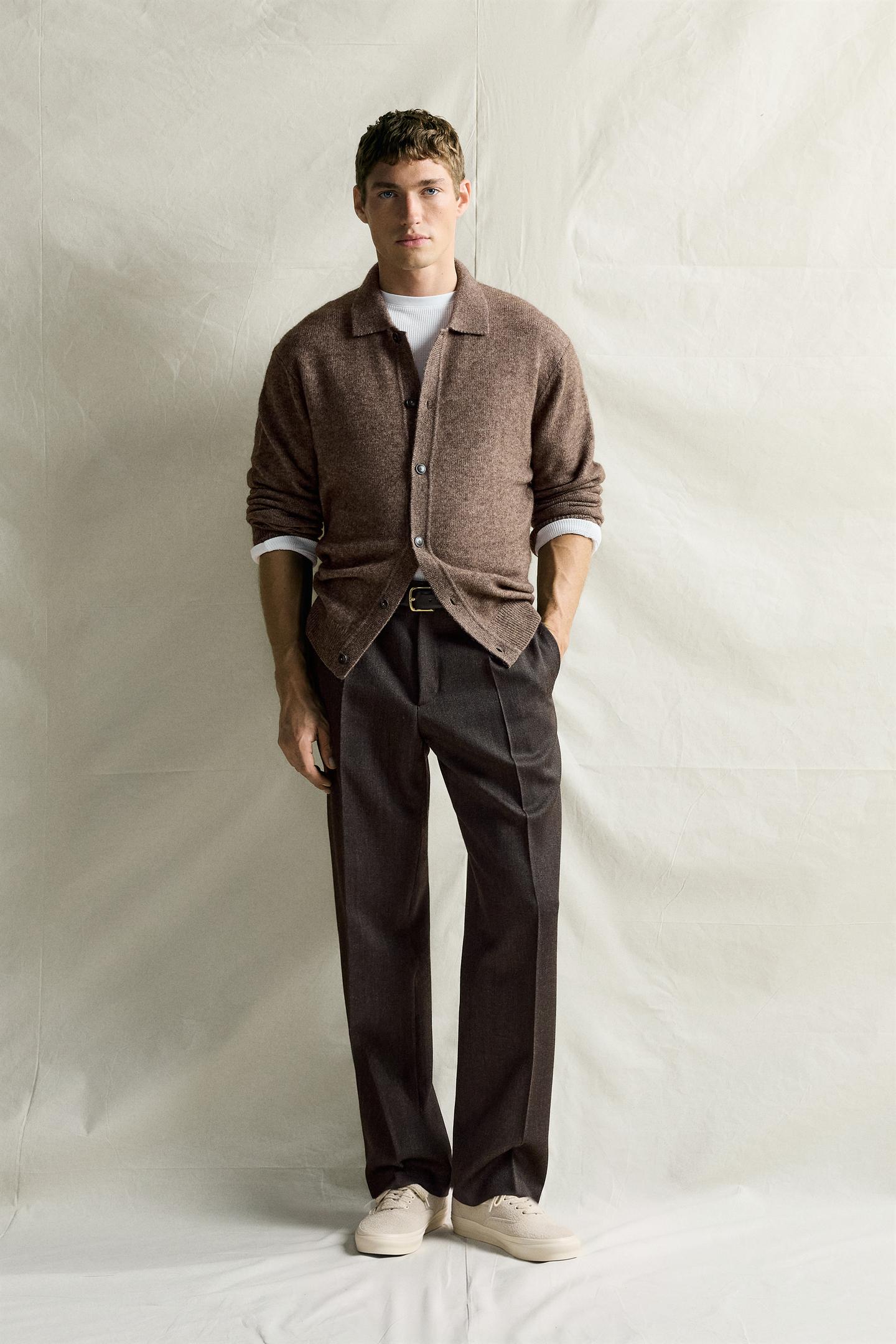 Мужская рубашка Zara Wool and Yak Blend Knit Overshirt, цвет: Коричневый / Серо-коричневый