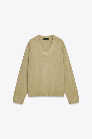 JERSEY 100% LANA ESCOTE PICO - Verde Oliva de Zara