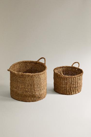 LARGE SEAGRASS BASKET WITH HANDLES - Brown by Zara