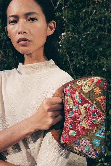 Zara EMBROIDERED WOOD BOX BAG - Multicolored