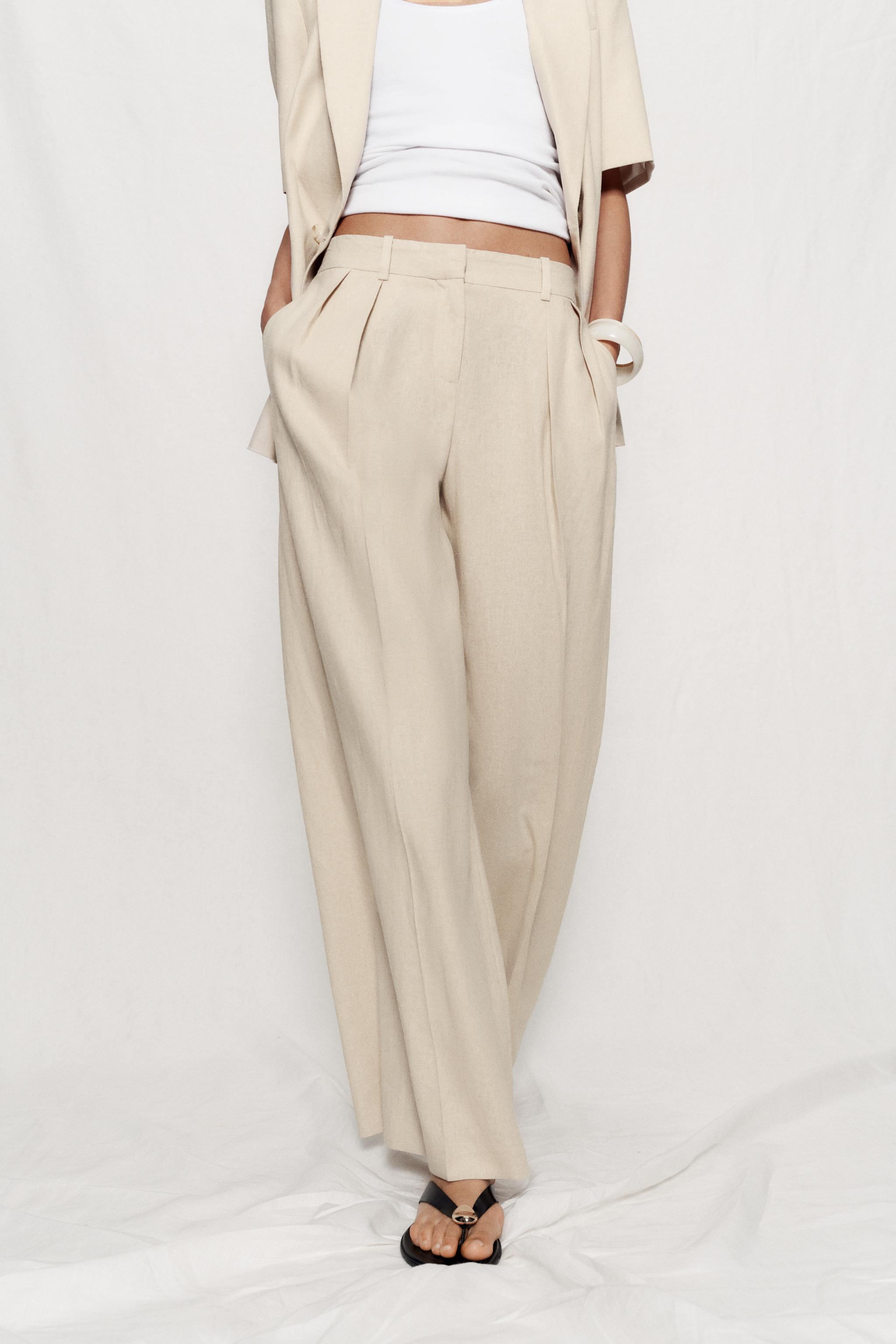 LINEN BLEND WIDE-LEG TROUSERS — Light beige