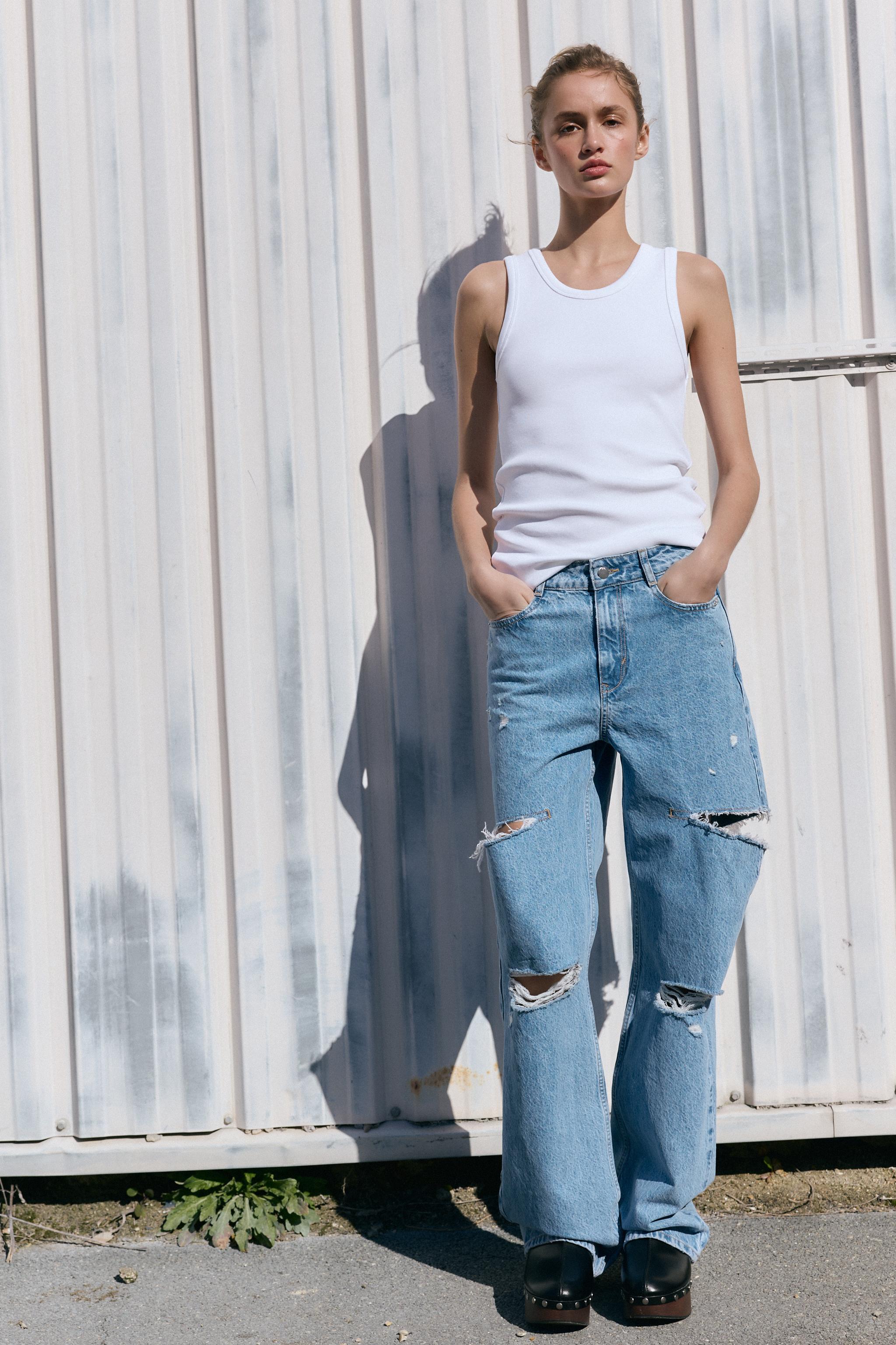 Z1975 RIPPED HIGH-WAIST STRAIGHT-LEG JEANS - Mid-blue | ZARA