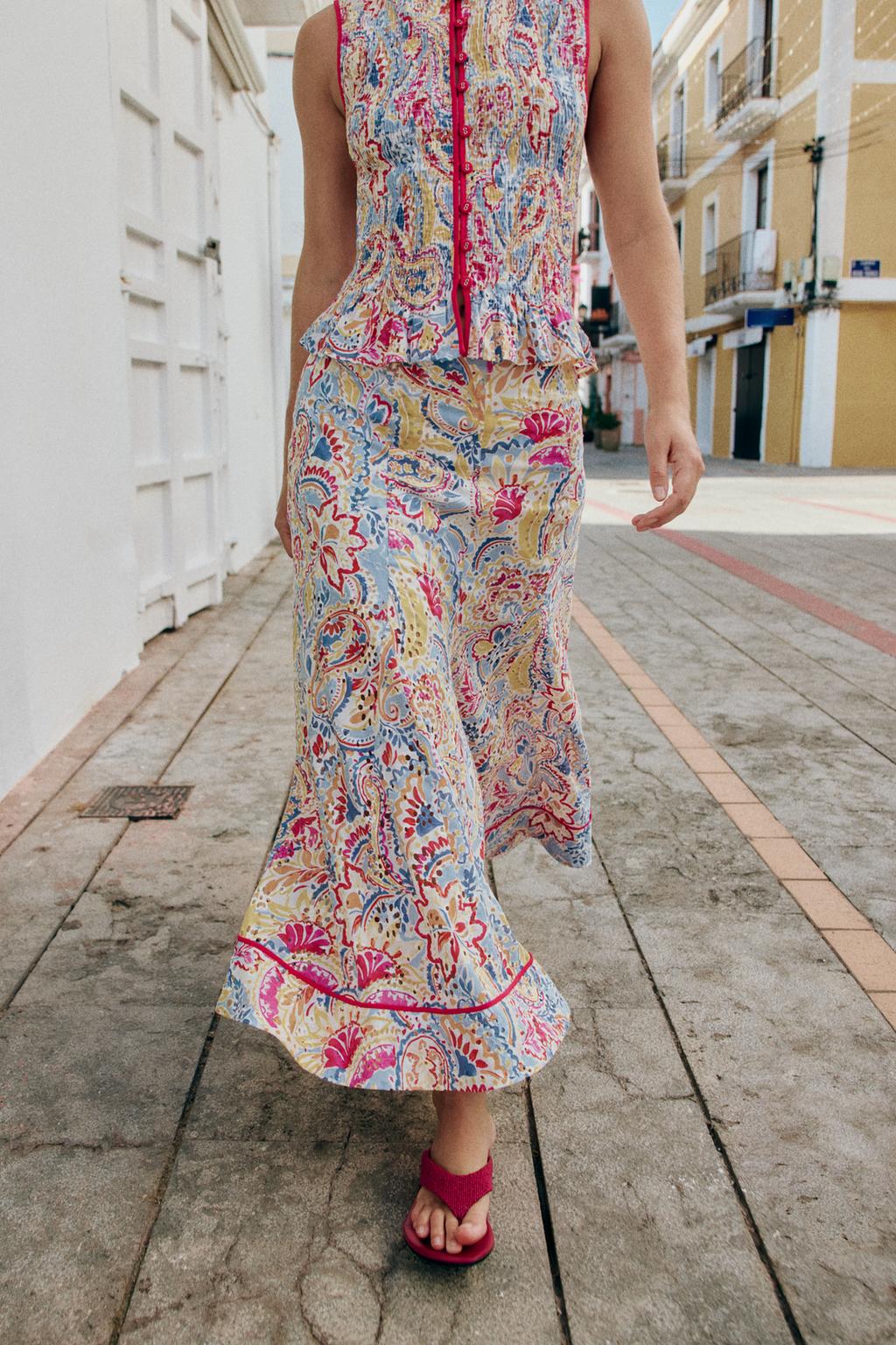 PRINTED CUTWORK EMBROIDERY MIDI SKIRT