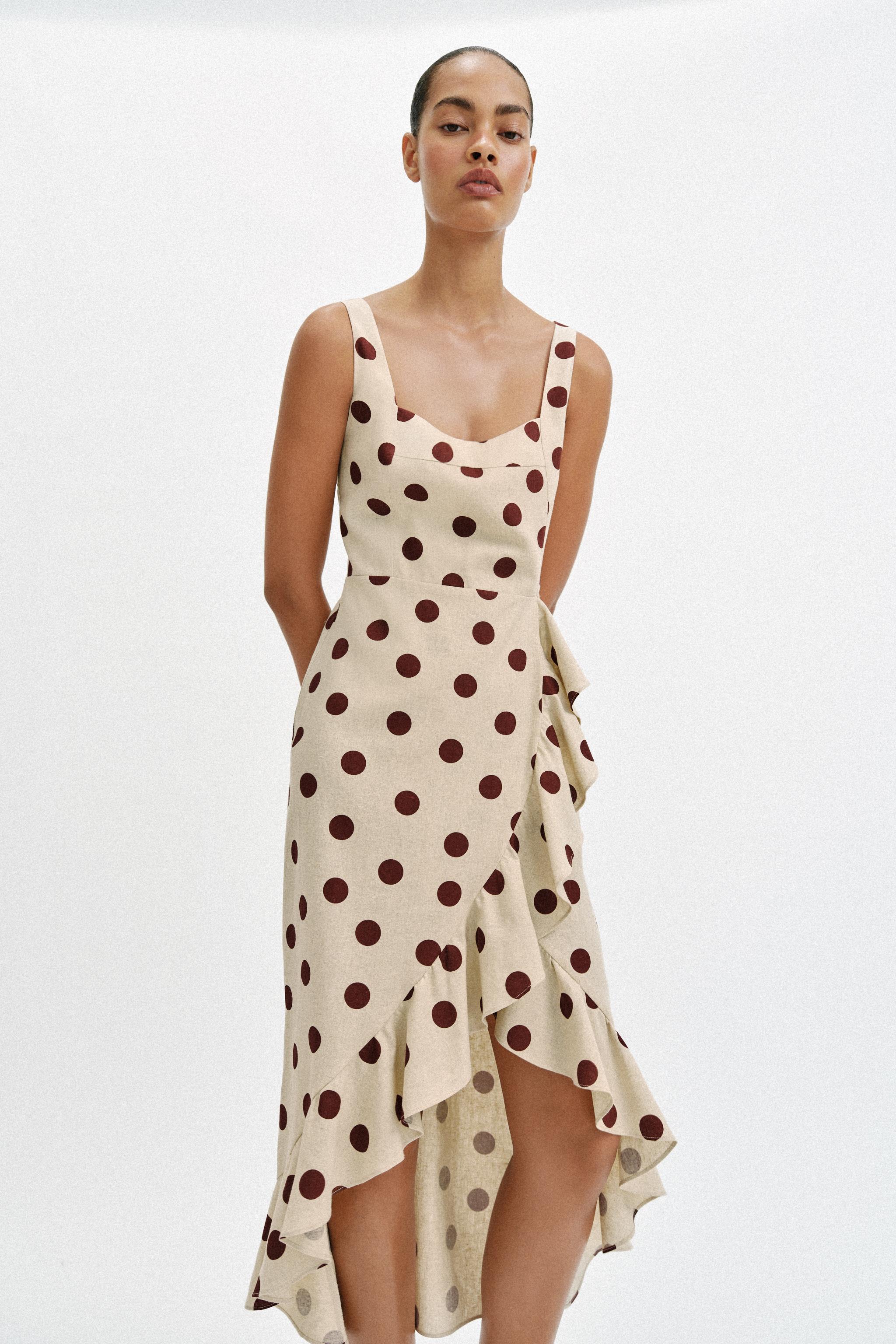 LINEN BLEND POLKA DOT MIDI DRESS