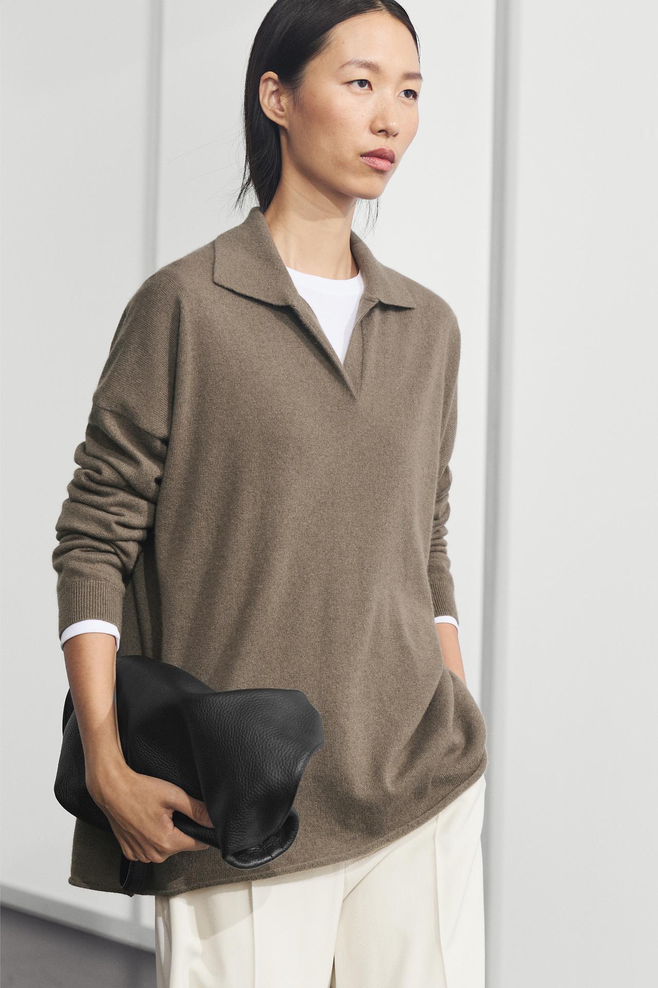 100% cashmere oversize polo collar sweater — Green marl