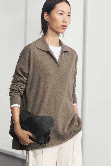 100% cashmere oversize polo collar sweater — Green marl 1