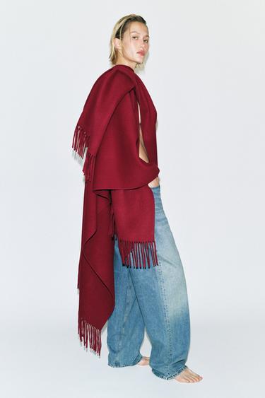 ZW COLLECTION FRINGED WOOL BLEND CAPE - Dark red by Zara - Image 1