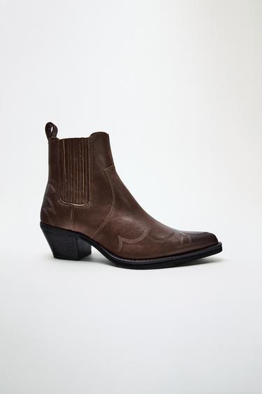Zara EMBROIDERED LEATHER COWBOY ANKLE BOOTS - Brown