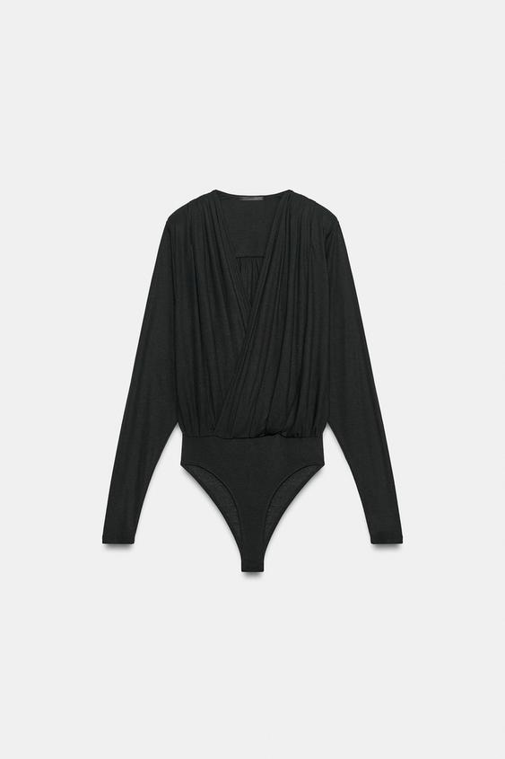 CROSSOVER BODYSUIT WITH SHOULDER PADS - Black by Zara - Image 0