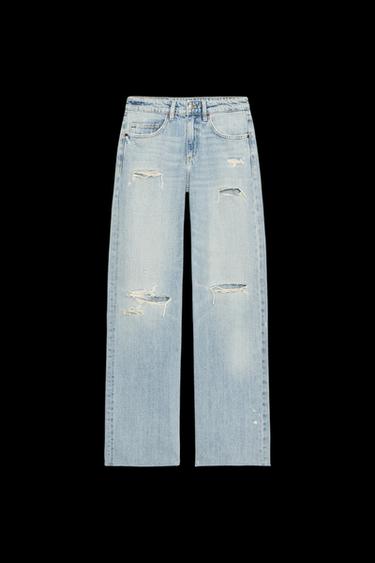 Zara TRF MID-RISE RIPPED WIDE LEG JEANS - Light blue - Image 0