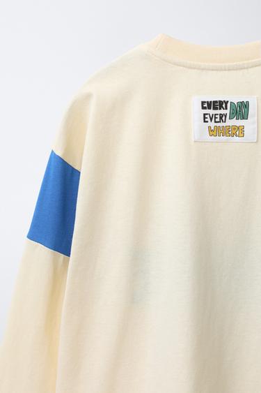 T-SHIRT WITH TEXT PRINT AND LETTUCE-EDGE TRIM - Ecru by Zara - Image 3
