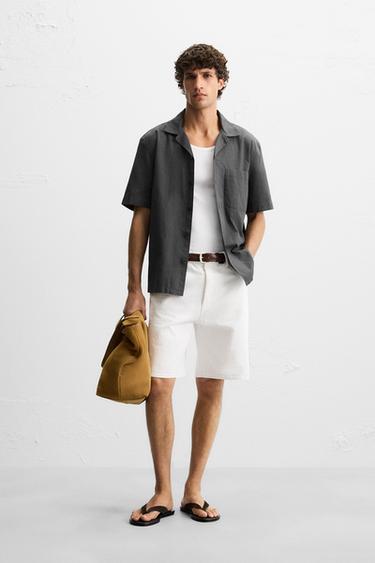 CAMISA DE ALGODÃO - LINHO - Cinzento-antracito da Zara