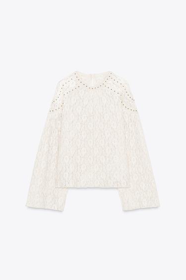 STUDDED LACE TOP - Ecru by Zara - Image 7