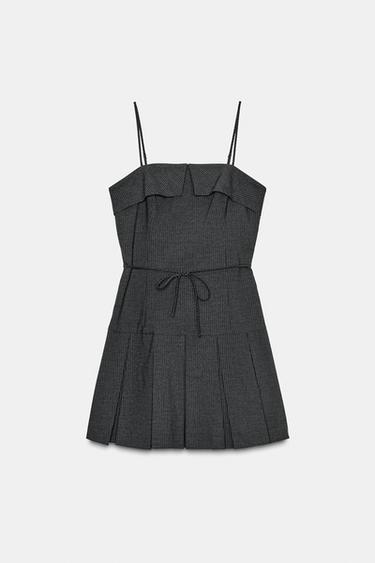Zara 條紋短版打褶洋裝 - 深灰色