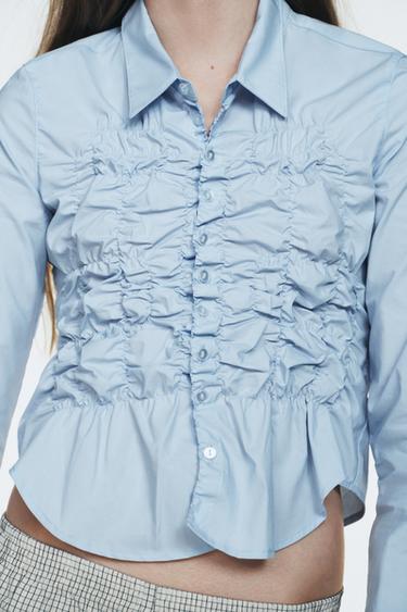 Zara POPLIN SHIRT WITH ELASTICATED RUFFLES - Sky blue