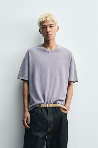 COTTON-HEMP V-NECK T-SHIRT - Mauve by Zara