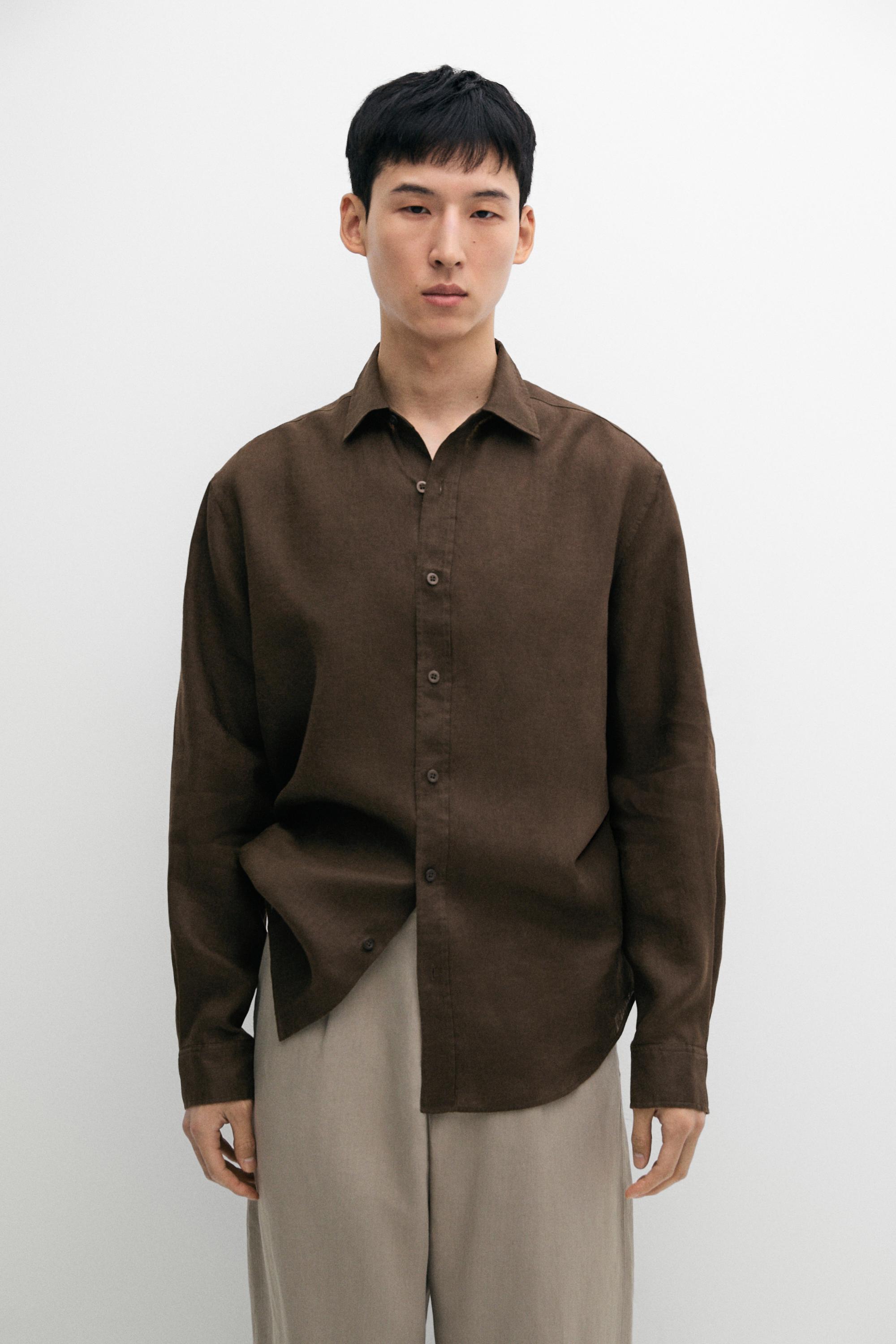 Slim fit 100% linen shirt — Chocolate