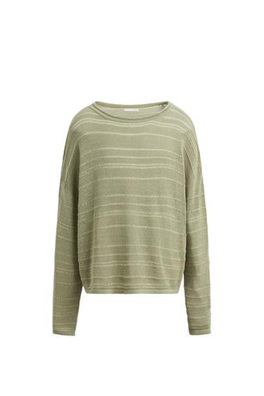 Front view of a light green jumper with jacquard stripes, wide round neck, long sleeves and ribbed trims on the hem and cuffs.