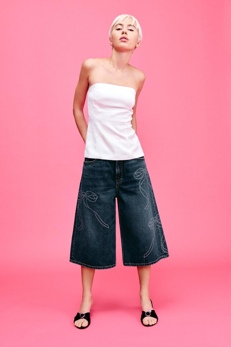 ミッドライズ ストラス装飾 デニムバミューダショーツ - ブルー | ZARA 