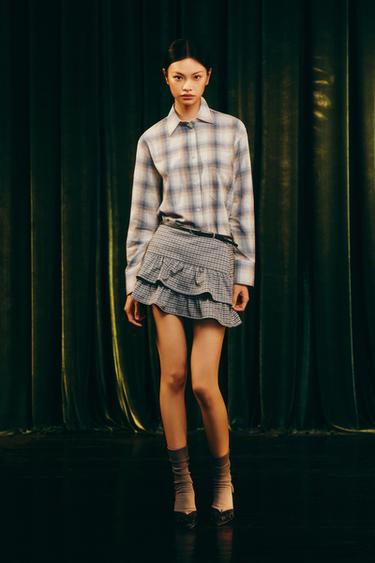 Zara 加大版格紋口袋襯衫 - 沙色 / 藍色