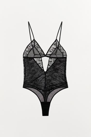 BODY EN DENTELLE PLISSÉ BRODERIES FLEURS - Noir de Zara - Image 3