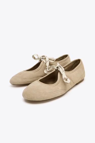 SPLIT SUEDE LACE-UP BALLERINAS - Sand Brown by Zara - Image 3
