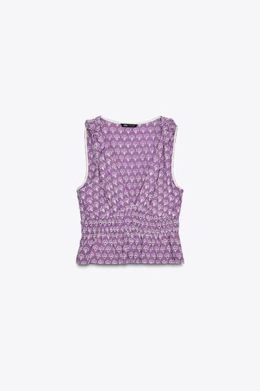 TOP WITH CUTWORK EMBROIDERY AND TIE DETAIL - Lilac / White by Zara - Image 5