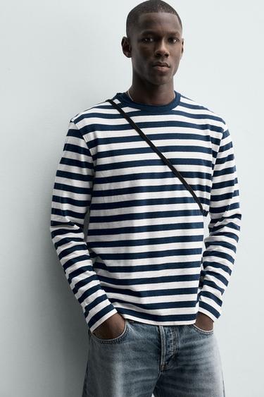 STRIPED LINEN - COTTON LONG SLEEVE T-SHIRT - Blue/White by Zara - Image 4
