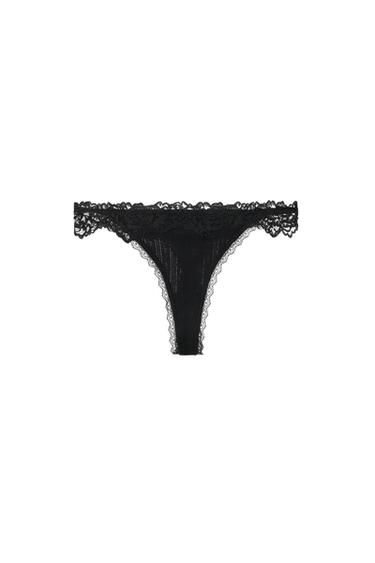 Zara POINTELLE LACE THONG - Black