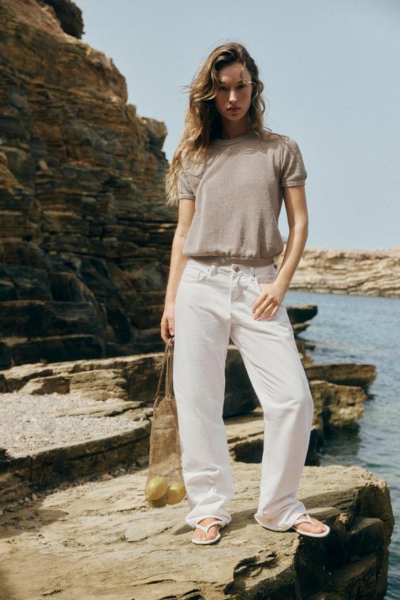 Zara SHORT SLEEVE KNIT TOP - Sand - Image 0