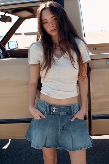 Zara TRF PLEATED DENIM SKIRT - Light blue