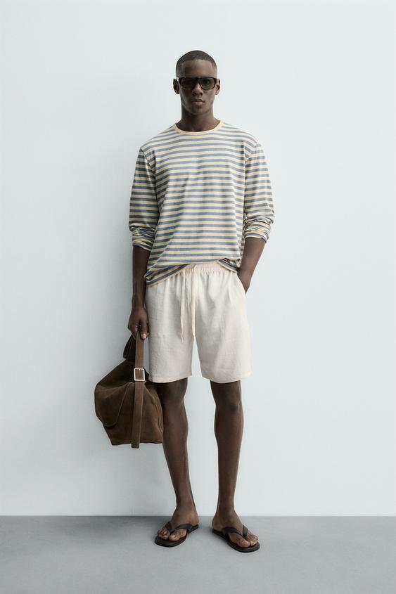 STRIPED LINEN COTTON BLEND LONG SLEEVE T-SHIRT from Zara - $59.90