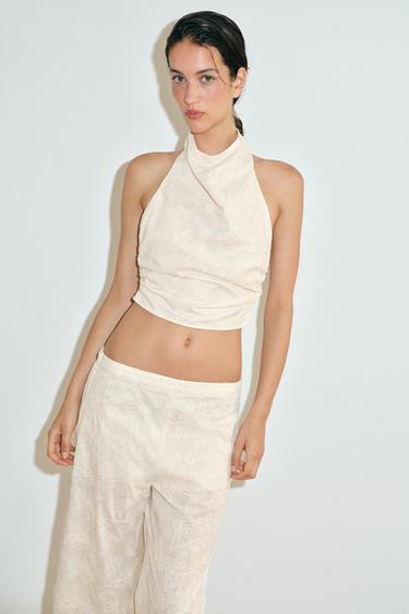 Zara EMBROIDERED SEQUIN HALTER TOP - Ecru