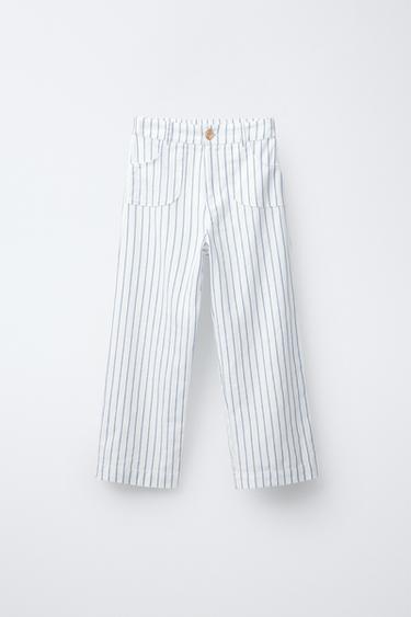 Zara STRIPED LINEN BLEND PANTS - Blue - Image 0