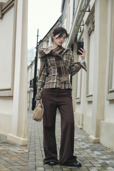 Zara TRF EXTRA WIDE LEG 高腰牛仔褲 - 棕色