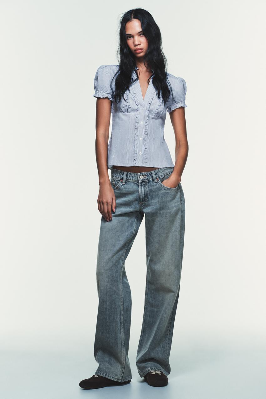 スリットポプリンシャツ - 青色/白色 | ZARA Japan / 日本