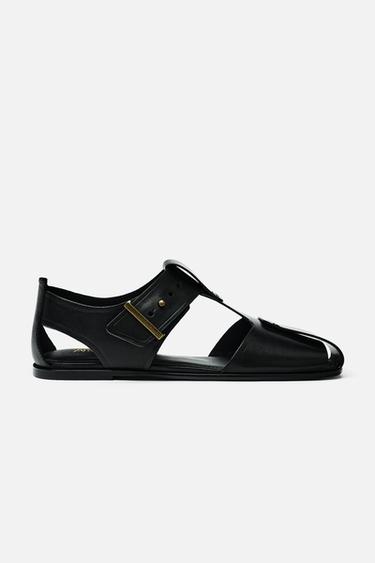 Zara 鉚釘真皮細帶涼鞋 - 黑色