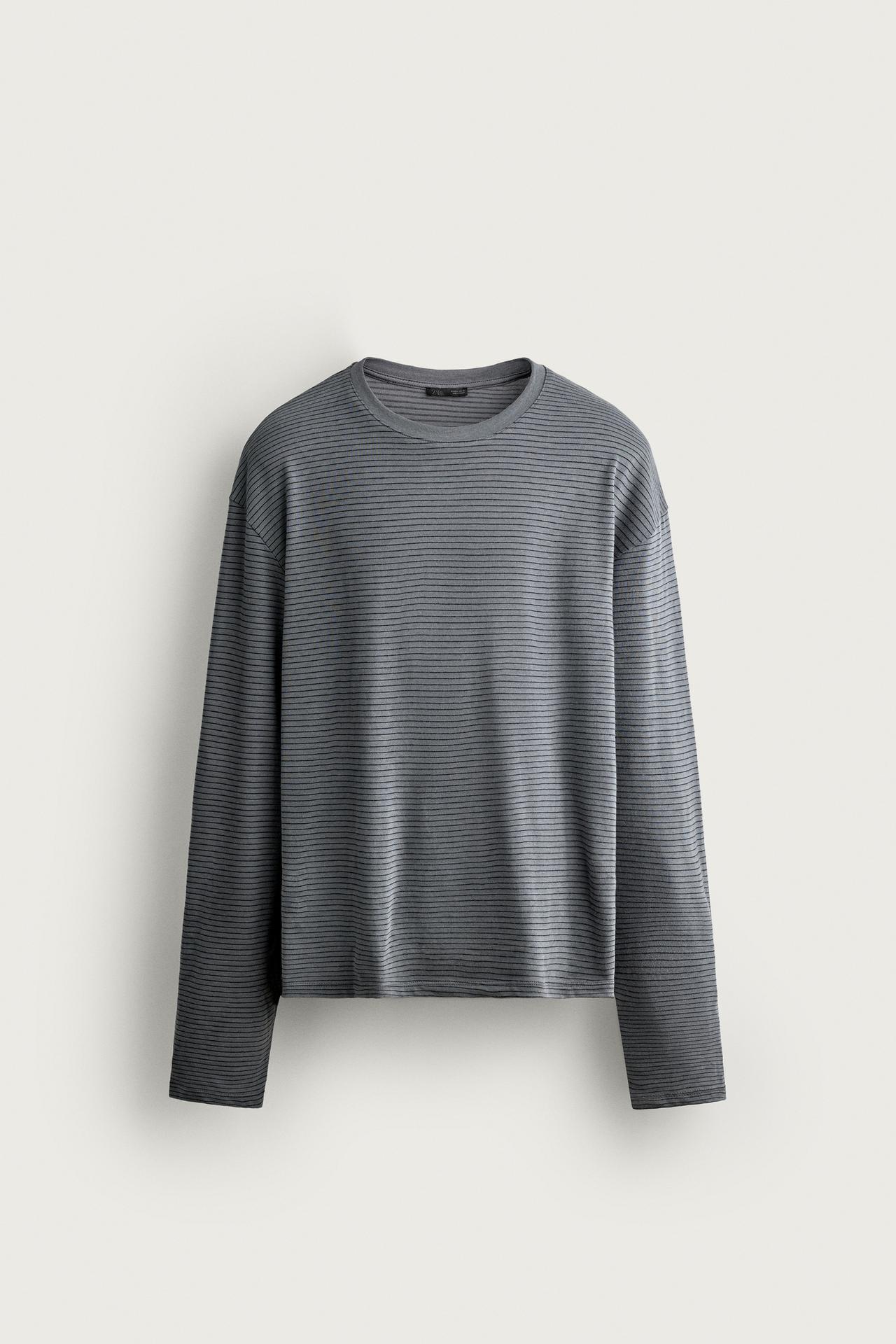 COTTON-MODAL STRIPED T-SHIRT — Gray