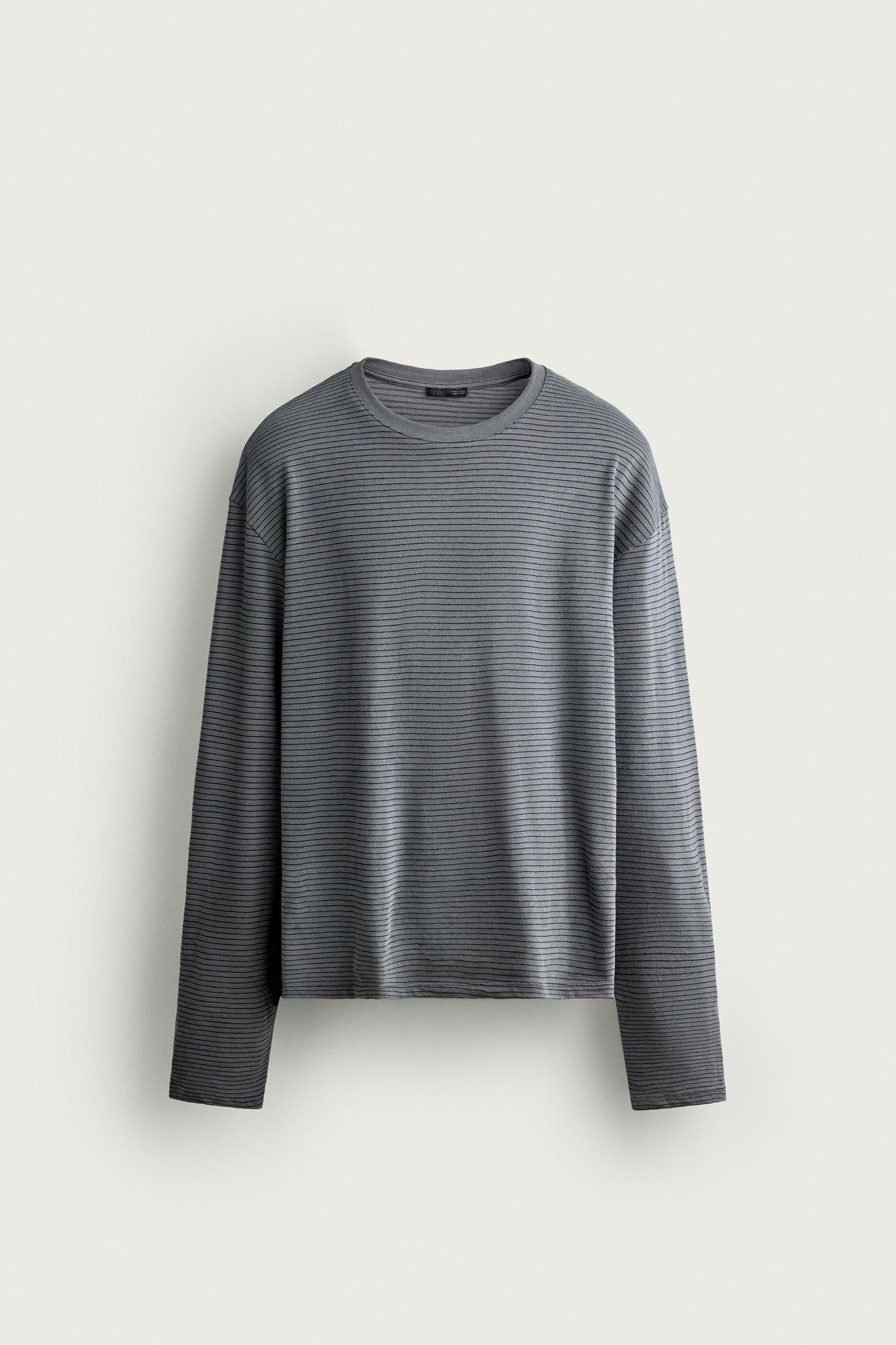 Футболка Zara Cotton-Modal Striped, цвет: Серый — фото 7